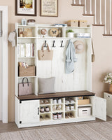 Hzuaneri 59.8" Hall Tree, LED Farmhouse Entryway Storage and Coat Rack Wood, Entryway Furniture with 7 Hooks, Hall Tree with Bench and Storage, 6 Storages Partitions Shoe Bench, Rustic White HT24814B Hzuaneri