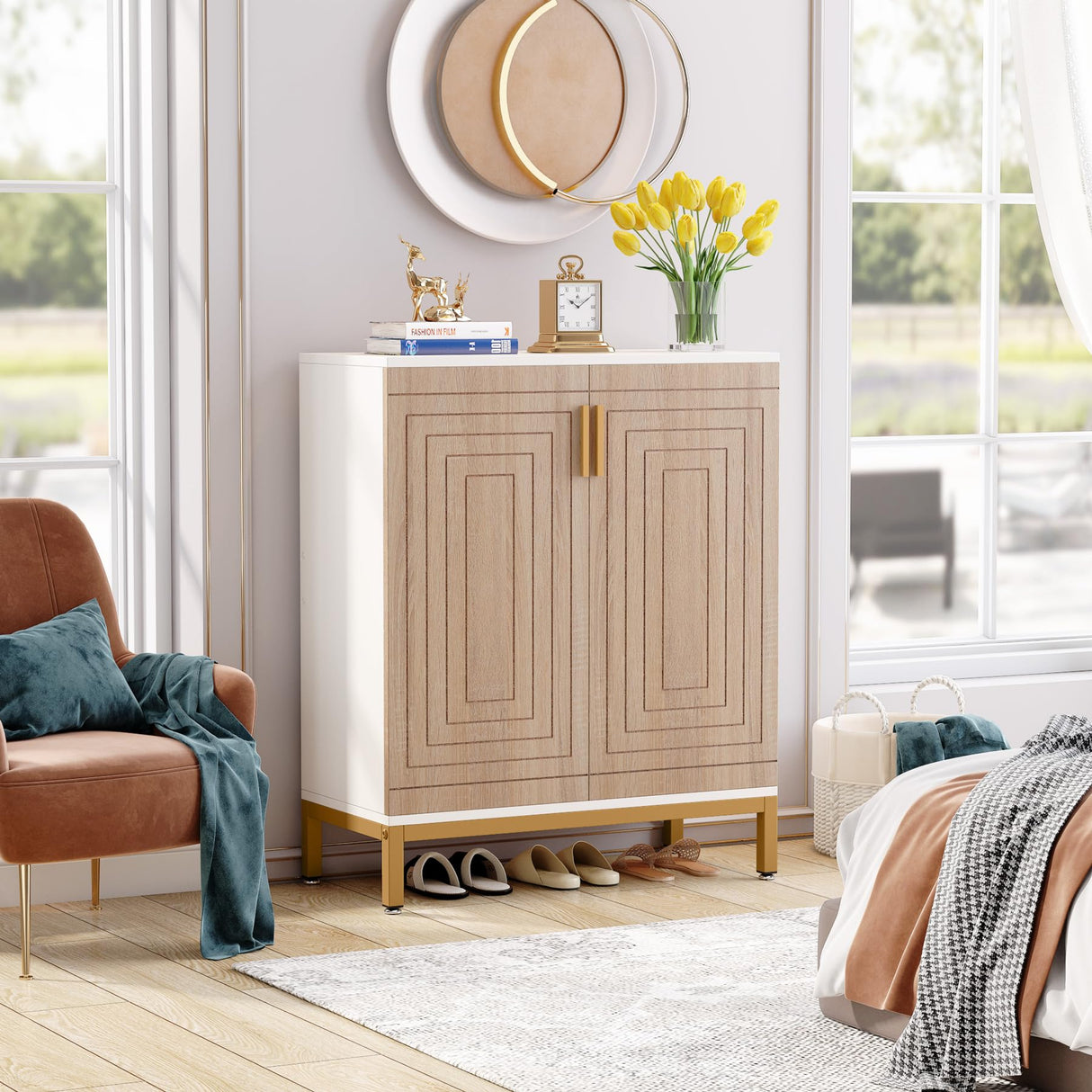 Tribesigns Shoe Cabinet with Doors, 20 Pairs Entryway Shoe Storage Cabinet with Shelves, 5-Tier Modern Free Standing Shoe Racks Storage Organizer for Closet, Living Room, Bedroom(White/Natural) Tribesigns