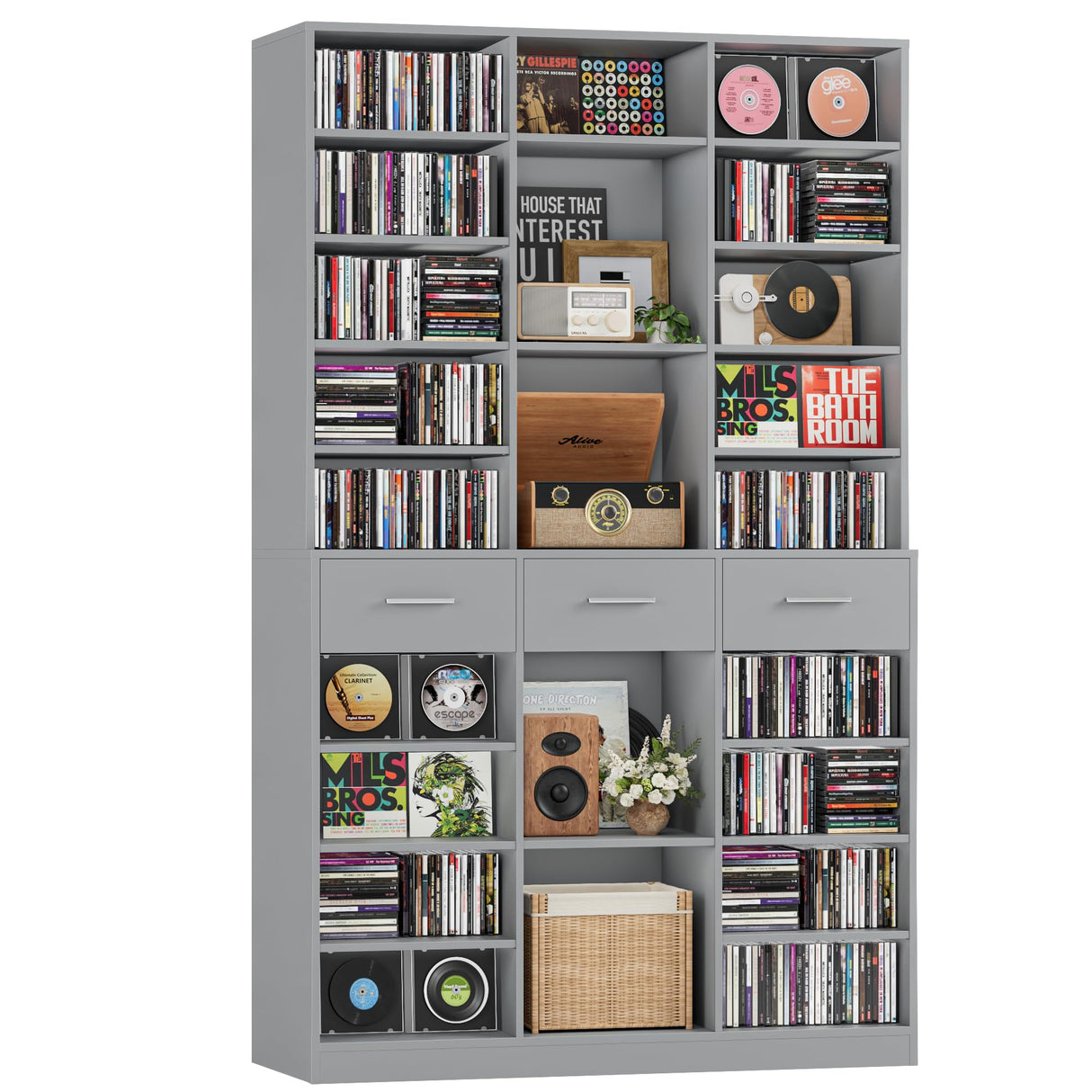HOSTACK 75" Tall Book Shelf and Bookcase, 47" Wide Bookshelf with Drawers, Modern 9 Tier Bookcase with Storage, Large Wood Display Cabinet with Adjustable Shelves for Living Room, Home Office, Gray HOSTACK