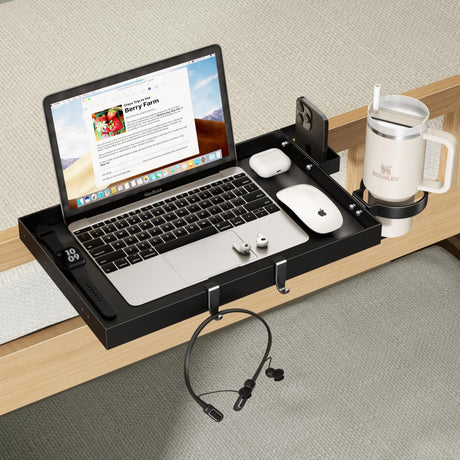 Magheo Bedside Shelf Metal,Bunk Bed Table Shelf for Top Bunk Heavy Duty Clip On Bed Side Table Tray for College Dorm Room,Loft Nightstand Organizer Tray with Removable Cup Holder & Phone Holder(Black) Magheo