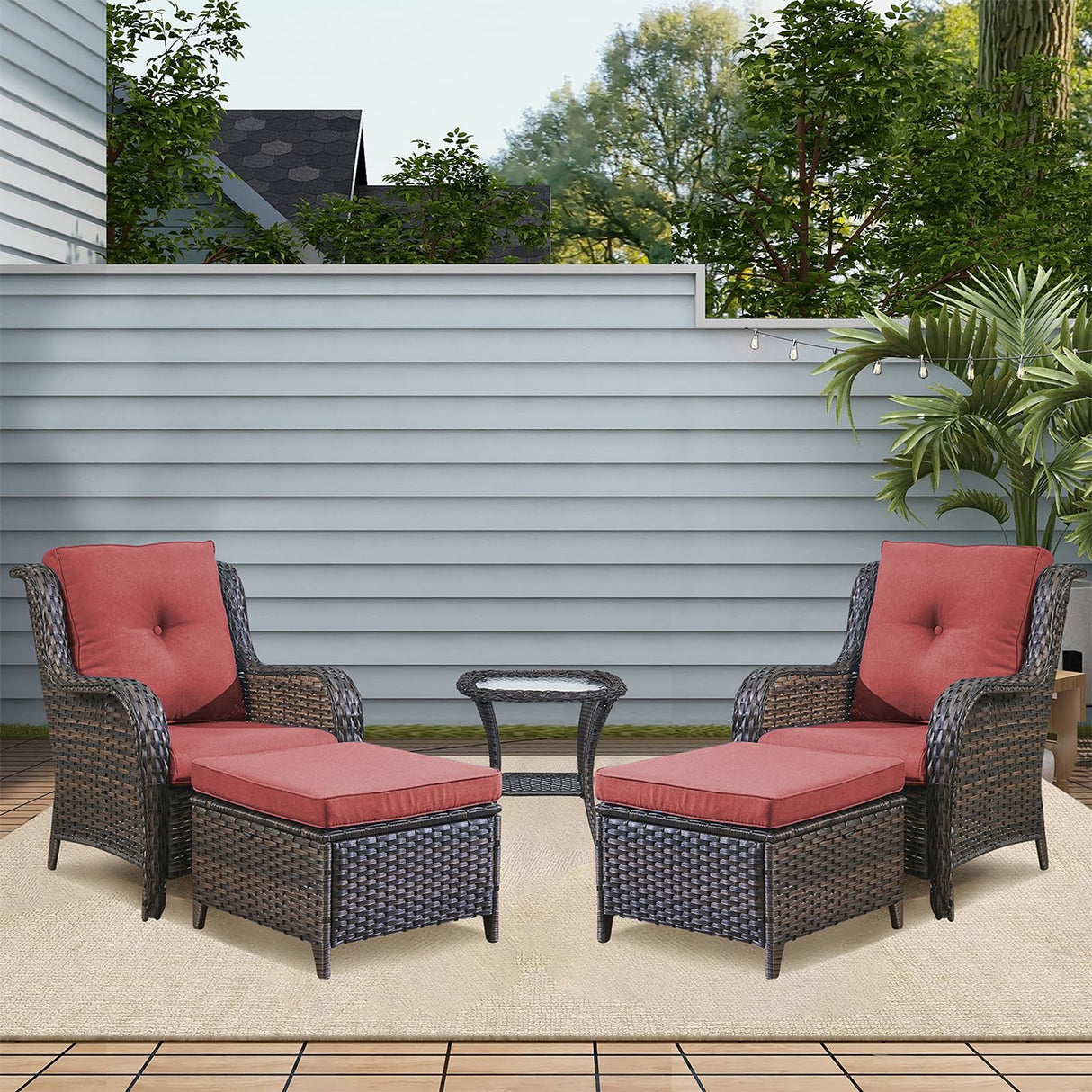 Outdoor Patio Furniture Chairs Set - 5 Piece Wicker Rattan Patio Sectional Conversation Sets with 2 Armrest Chairs,2 Ottomans and 1 Side Table for Porch Deck Balcony Backyard Garden(Brown/Red) Rilyson