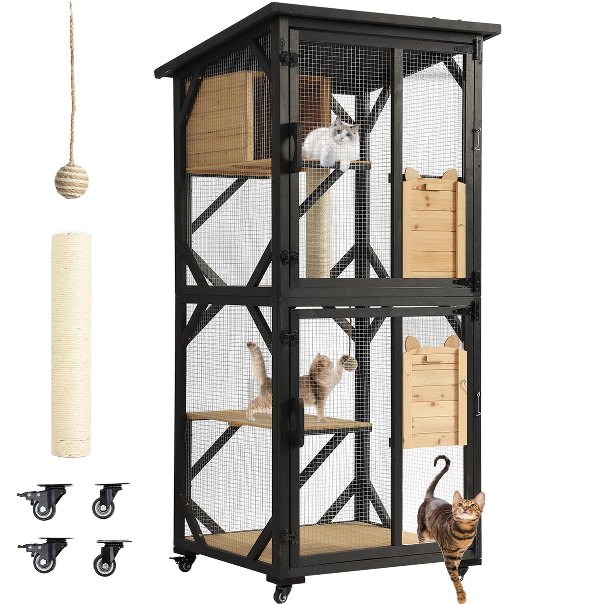 Dephet Catio Outdoor Cat Enclosure with Scratcher - 4-Tier Large Indoor Wooden Window Catio Cats House W/Asphalt Waterproof Roof, Wheels, Resting Box, Platforms, Kitten Toys Ball Dephet