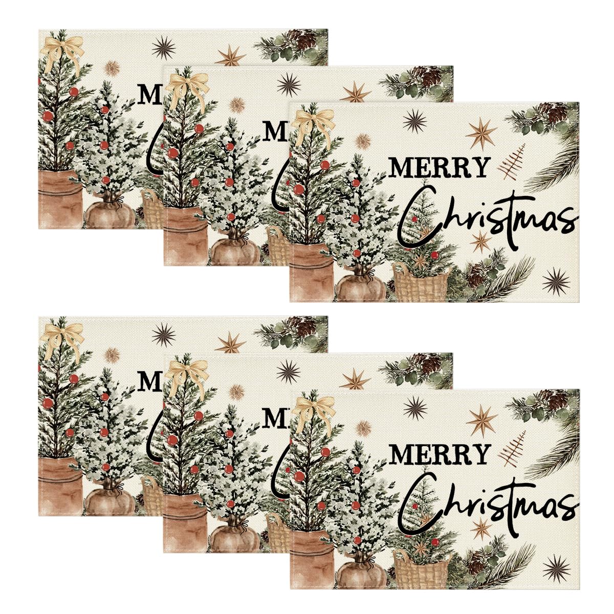 Artoid Mode Xmas Trees Holly Pine Cone Merry Christmas Placemats Set of 6, 12x18 Inch Seasonal Winter Holiday Table Mats for Party Kitchen Dining Decoration Artoid Mode