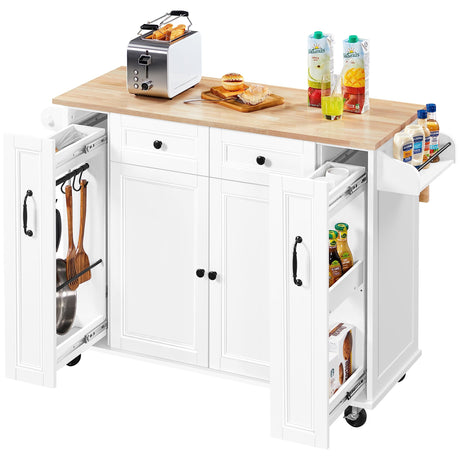 Yaheetech 52"W Kitchen Island with Drop-Leaf Breakfast Bar and 2 Pull-outs, Kitchen Cart on Lockable Wheels with Rubberwood Top & 2 Drawers & Adjustable Shelves, Storage Cabinet for Dining Room, White Yaheetech