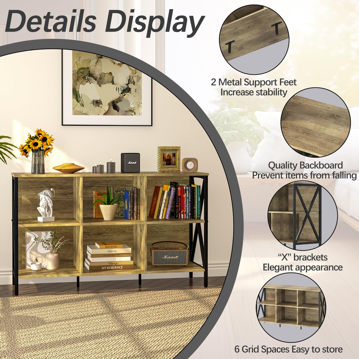 Horizontal Bookshelf Bookcase,6 Cube Storage Organizer with Open Shelf,47 Inch Industrial Low Wide Wood and Metal Cubby shelf,Long shelving unit for Home Office Living Room(Rustic Oak,6 Cube) Adompacat