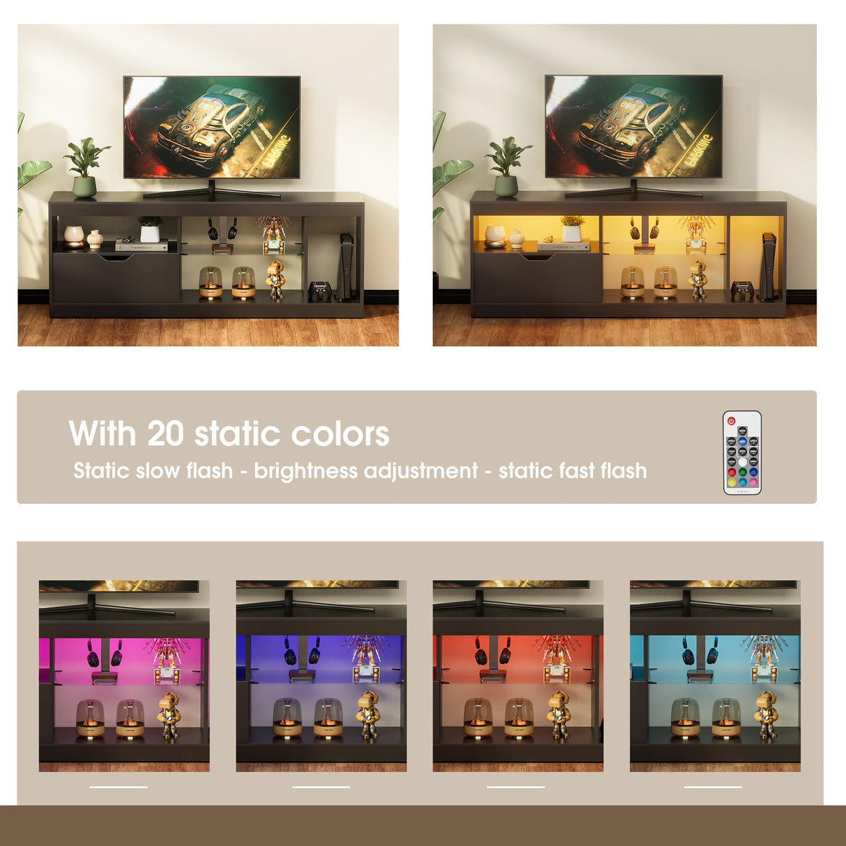 JUMMICO TV Stand, Entertainment Center LED Gaming TV Stand for 65+ Inch TV Carbon Fiber Top, Dynamic RGB Modes TV Cabinet Console with Adjustable Glass Shelves Storage Drawers (Black) JUMMICO