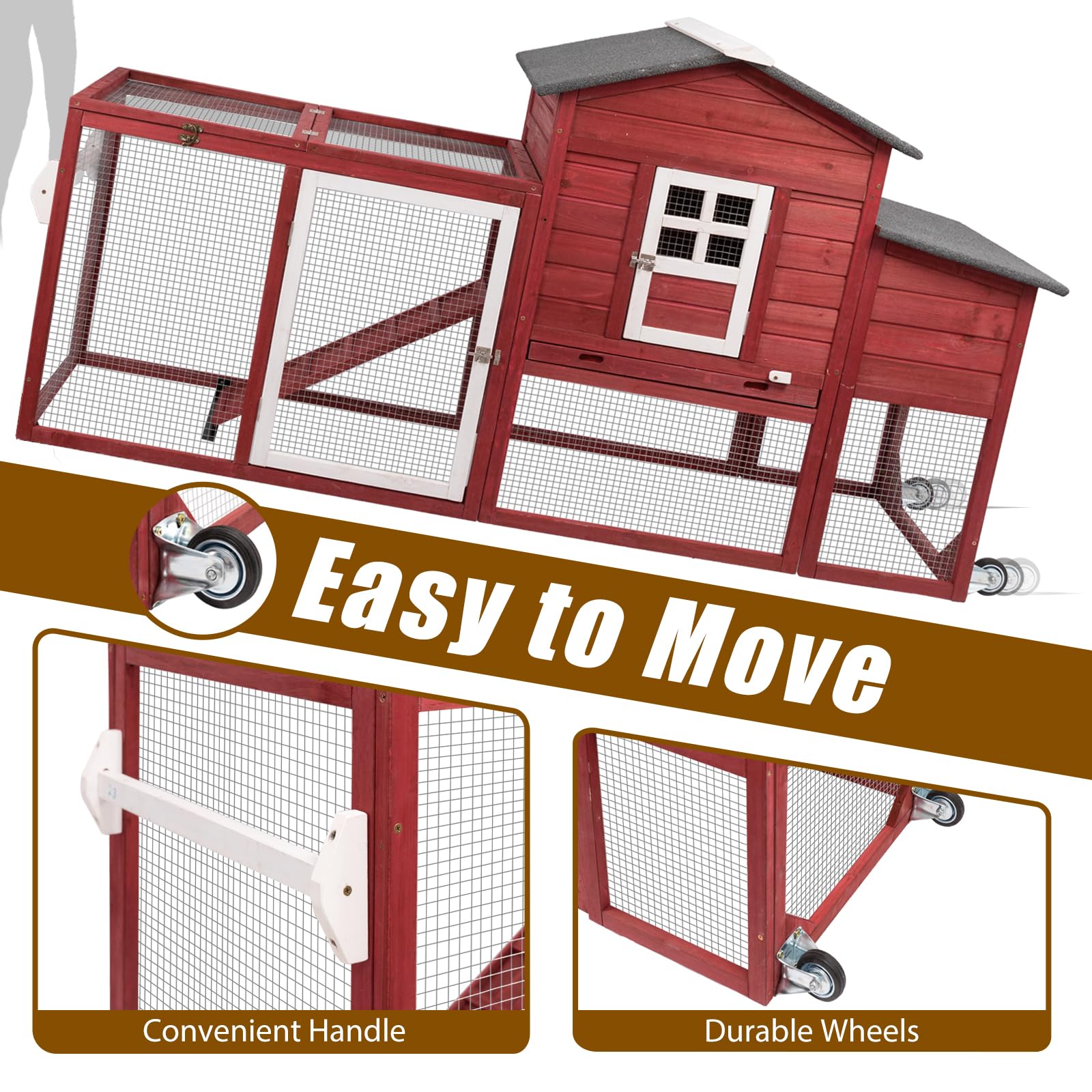 Gowoodhut Chicken Coop Solid Wood with Large Run Cage 2 Stories - Asphalt Roof, Nest Box, Pu Wheels, Expandable Solid Wood Cage - WoodArtSupply