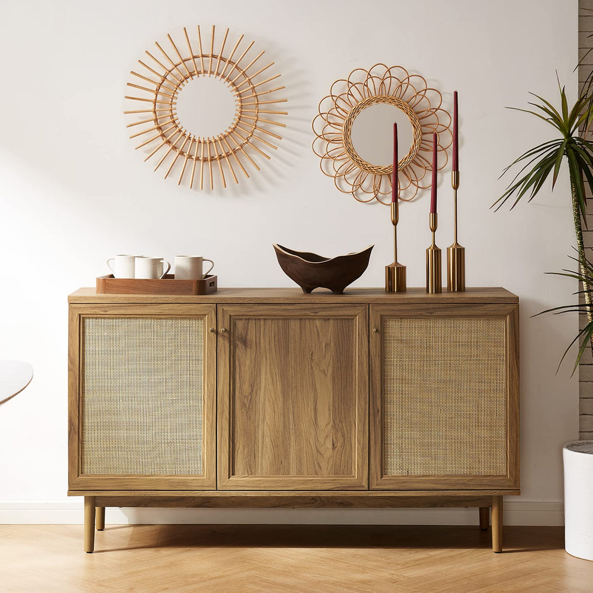 mopio Haylee Sideboard, Modern Farmhouse Boho Accent Buffet Storage Cabinet, Natural Rattan Doors, Console Table, Credenza, Media Cabinet, Adjustable Shelves for Kitchen, Coffee Bar, Living Room, Oak mopio