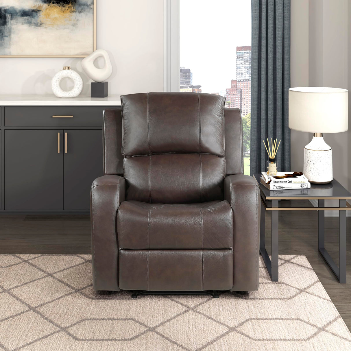 Lexicon Manual Reclining Chair, Top Grain Leather Match Wall Hugger Recliner Chair, Tab Pull Reclining, High Density Foam Over Pocket Coils, for Living Room/Reading Nook/Bedroom, Brown Lexicon