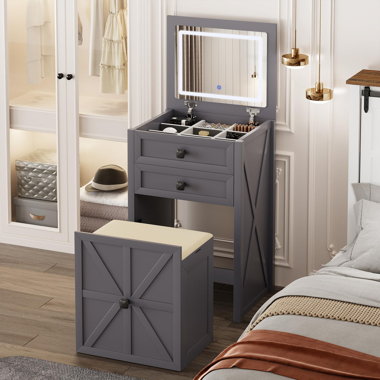 FREDEES Farmhouse 3 in 1 Vanity Desk with Mirror,Small Makeup Vanity Set with Soft Light, Space-Saving Makeup Vanity with Storage Compartment and Padded Stool,Dressing Table for Bedroom,Grey FREDEES