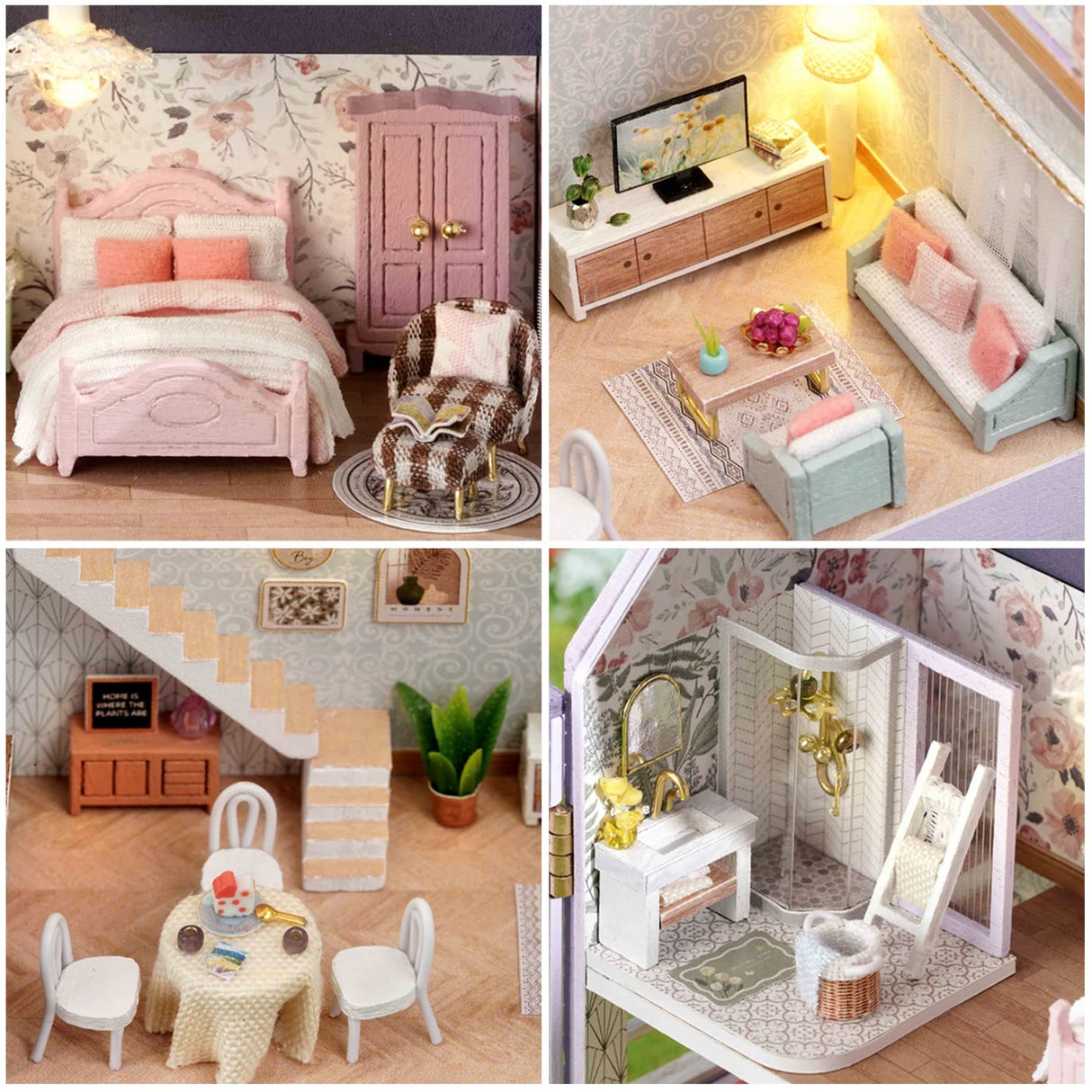 CUTEROOM Dollhouse Miniature with Furniture, DIY Wooden Dollhouse Kit Plus LED Lights, Creative Room for Valentine's Day Gift Idea (D032) CUTEROOM