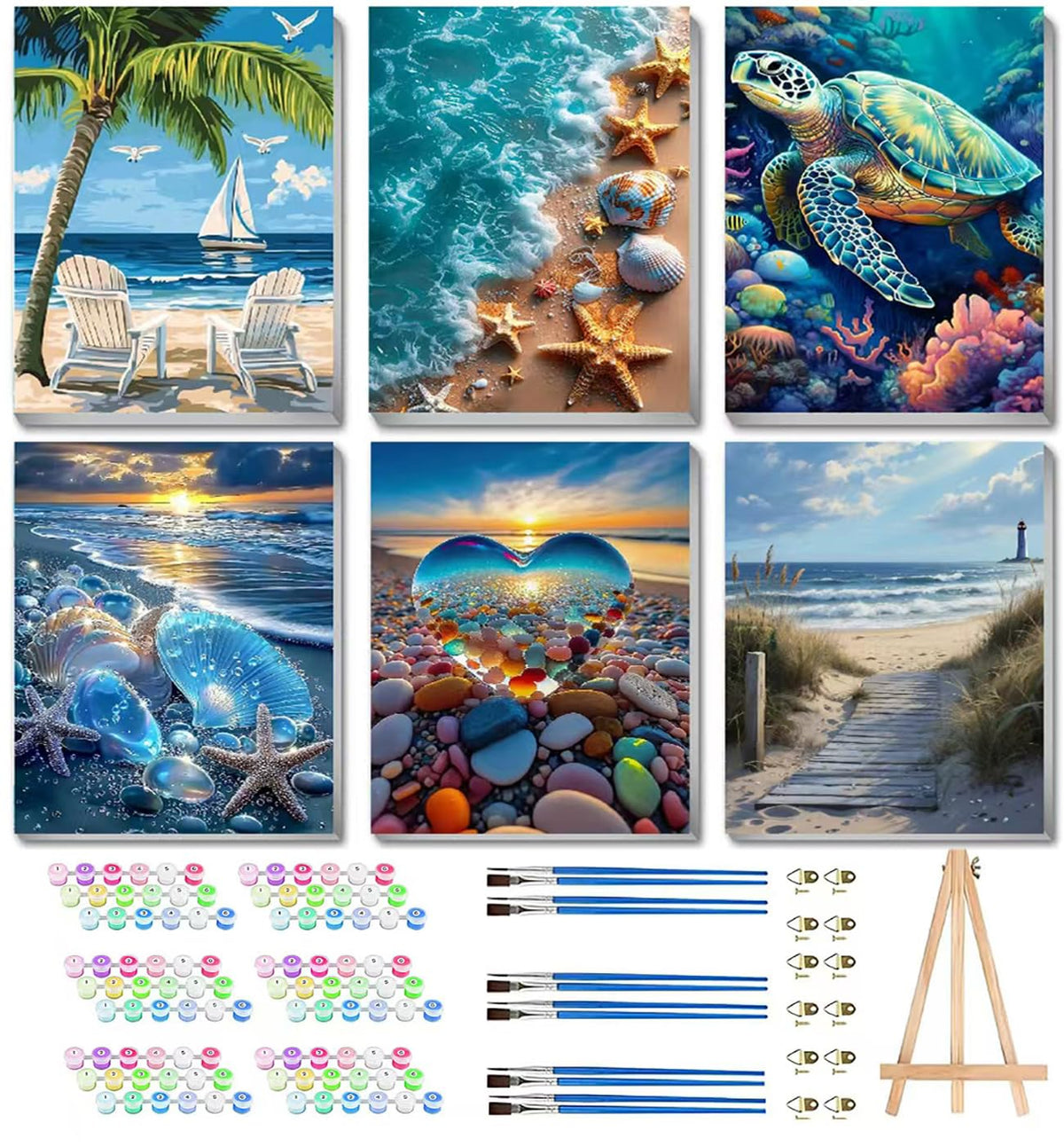 6 Pack Paint by Numbers Kits with Framed for Adults Beginners, Beach Paint by Number Kits on Canvas with Wooden Easel, DIY Acrylic Oil Painting Kits with Brushes for Home Wall Decor (8x12 inch) Mrnsiet