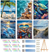 6 Pack Paint by Numbers Kits with Framed for Adults Beginners, Beach Paint by Number Kits on Canvas with Wooden Easel, DIY Acrylic Oil Painting Kits with Brushes for Home Wall Decor (8x12 inch) Mrnsiet
