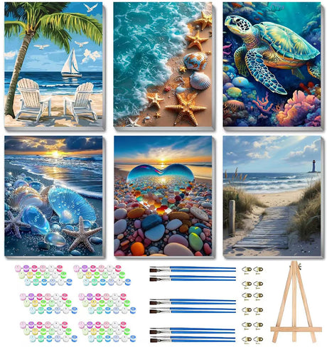 6 Pack Paint by Numbers Kits with Framed for Adults Beginners, Beach Paint by Number Kits on Canvas with Wooden Easel, DIY Acrylic Oil Painting Kits with Brushes for Home Wall Decor (8x12 inch) Mrnsiet