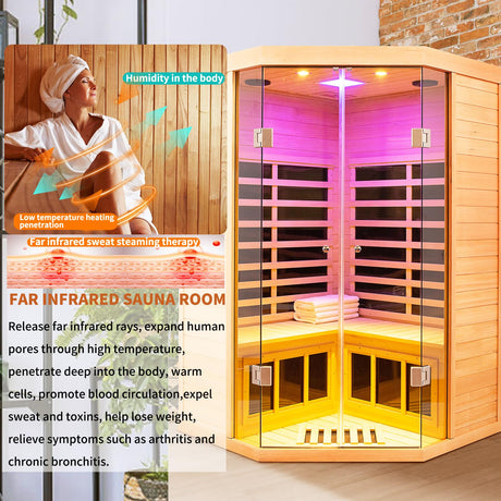 Infrared Sauna 2-3 Person Infrared Saunas for Home, Indoor Corner Sauna Spa Low Emf Infrared Sauna with 7 Color Therapy Dry Sauna for Home,2 Bluetooth Speakers, 2 LED Reading Lamp KOOZONEGM