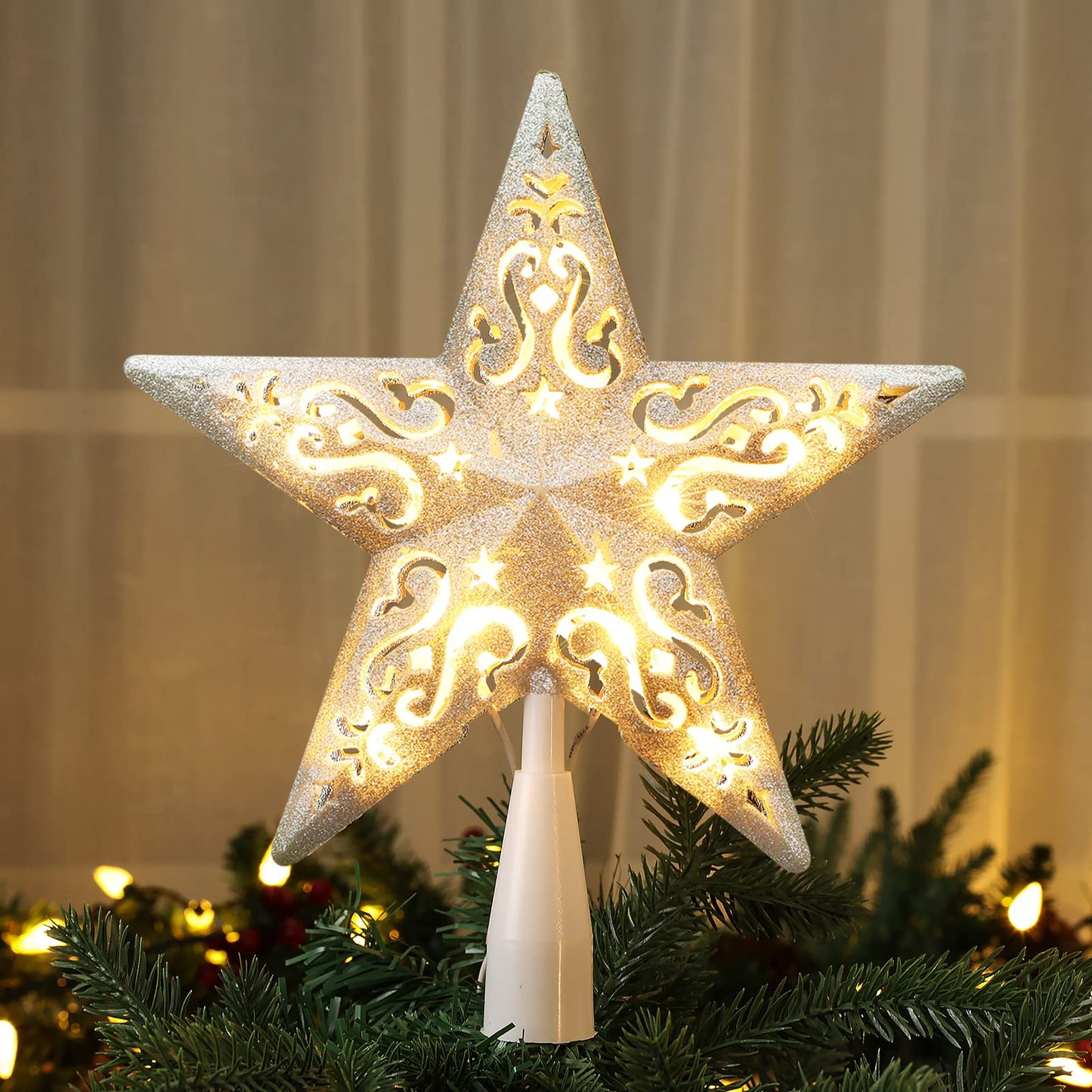 Brizled Star Christmas Tree Topper, 8" Glittered Hollow-Out Tree top Star, Double-Sided 3D Tree Topper with 10 Lights, UL Certified Lighted Xmas Tree Topper for Holiday Christmas Tree Decor, Silver