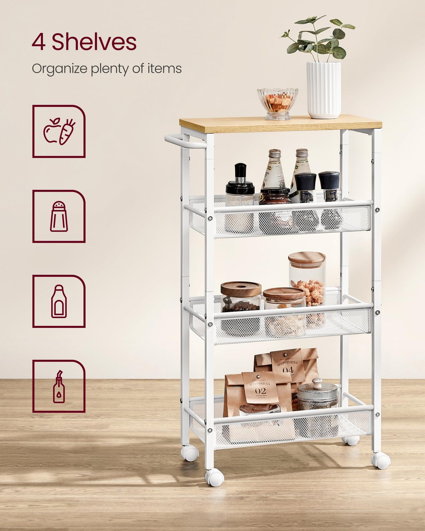 VASAGLE Slim Rolling Cart, 4-Tier Storage Cart, Narrow Cart with Handle, 8.7 Inches Deep, Metal Frame, for Kitchen, Dining Room, Living Room, Home Office, Oak Beige and Classic White ULRC033W09