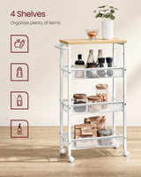VASAGLE Slim Rolling Cart, 4-Tier Storage Cart, Narrow Cart with Handle, 8.7 Inches Deep, Metal Frame, for Kitchen, Dining Room, Living Room, Home Office, Oak Beige and Classic White ULRC033W09 VASAGLE
