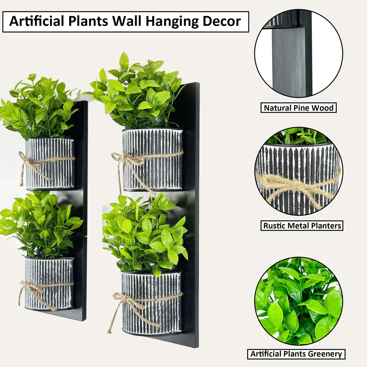 Hukalw Artificial Plants Wall Hanging Decor, Faux Plants with Rustic Metal Planters and Wood for Indoor Wall Decor, Artificial Greenery Plants Wall Art for Modern Farmhouse Living Room Hukalw