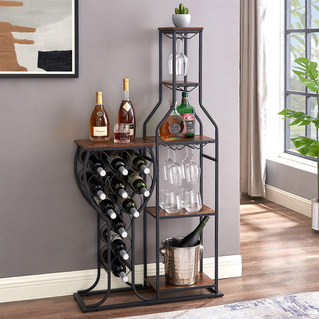 PUDDINER Wine Rack Freestanding Floor, 11 Bottle Wine Racks with Tabletop, Hanging Wine Glass Holder, 5 Tier Wine Bakers Rack, Bar Table Countertop, Wine Storage Shelf for Home, Bar, Kitchen, Brown PUDDINER