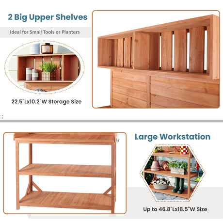Polibi Potting Bench Table with 4 Storage Shelves and Side Hook, 65" Large Wooden Farmhouse Rustic Outdoor Patio Workstation, Garden Potting Bench with Splash Plate Polibi