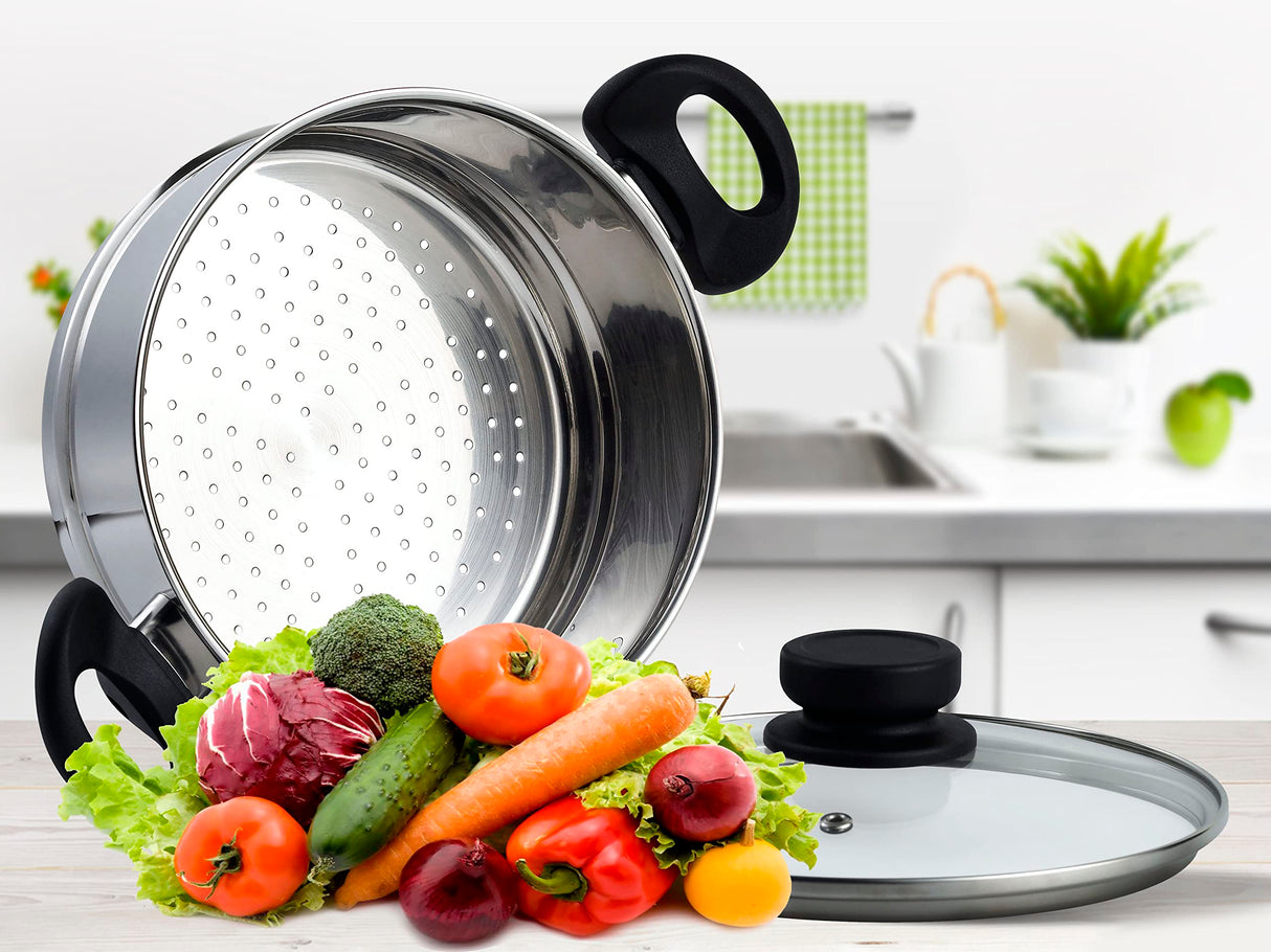 Nevlers 3 Piece Premium Heavy Duty Stainless Steel Steamer Pot Set Includes 3 Quart Cooking Pot, 2 Quart Steamer Insert and Vented Glass Lid | Stack and Steam Pot Set for All Cooking Surfaces Nevlers