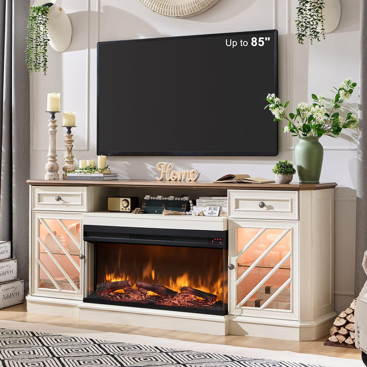 OKD 75 Inch 3-Sided Electric Fireplace TV Stand for TVs up to 85'',Modern Highboy Entertainment Center with 36" Fireplace & LED Lights,Widen Drawers and Glass Door Storage Cabinet, Antique White OKD