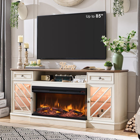 OKD 75 Inch 3-Sided Electric Fireplace TV Stand for TVs up to 85'',Modern Highboy Entertainment Center with 36" Fireplace & LED Lights,Widen Drawers and Glass Door Storage Cabinet, Antique White OKD