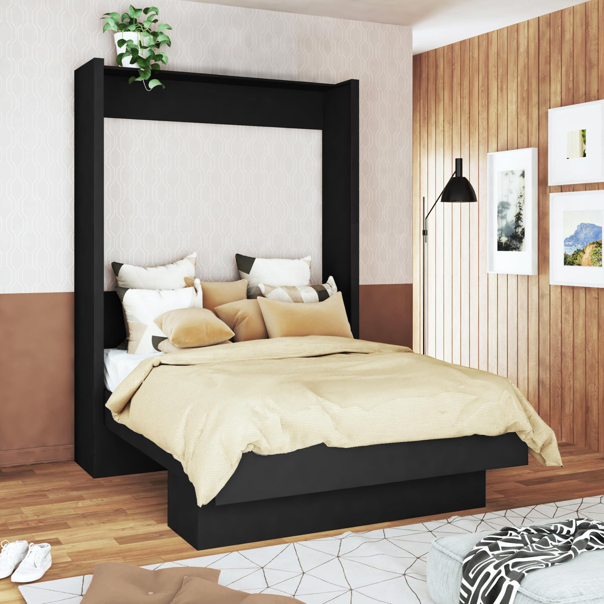 Oakland Living Easy-Lift Queen Murphy Wall Bed in Black with Shelf Oakland Living