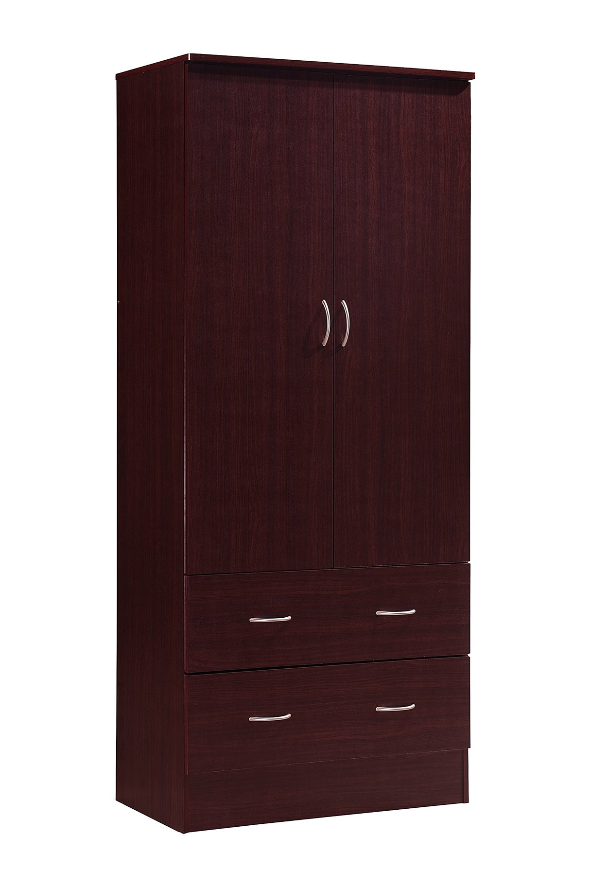 HODEDAH 2 Door Wood Wardrobe Bedroom Closet with Clothing Rod inside Cabinet and 2 Drawers for Storage, Mahogany Hodedah