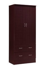 HODEDAH 2 Door Wood Wardrobe Bedroom Closet with Clothing Rod inside Cabinet and 2 Drawers for Storage, Mahogany Hodedah
