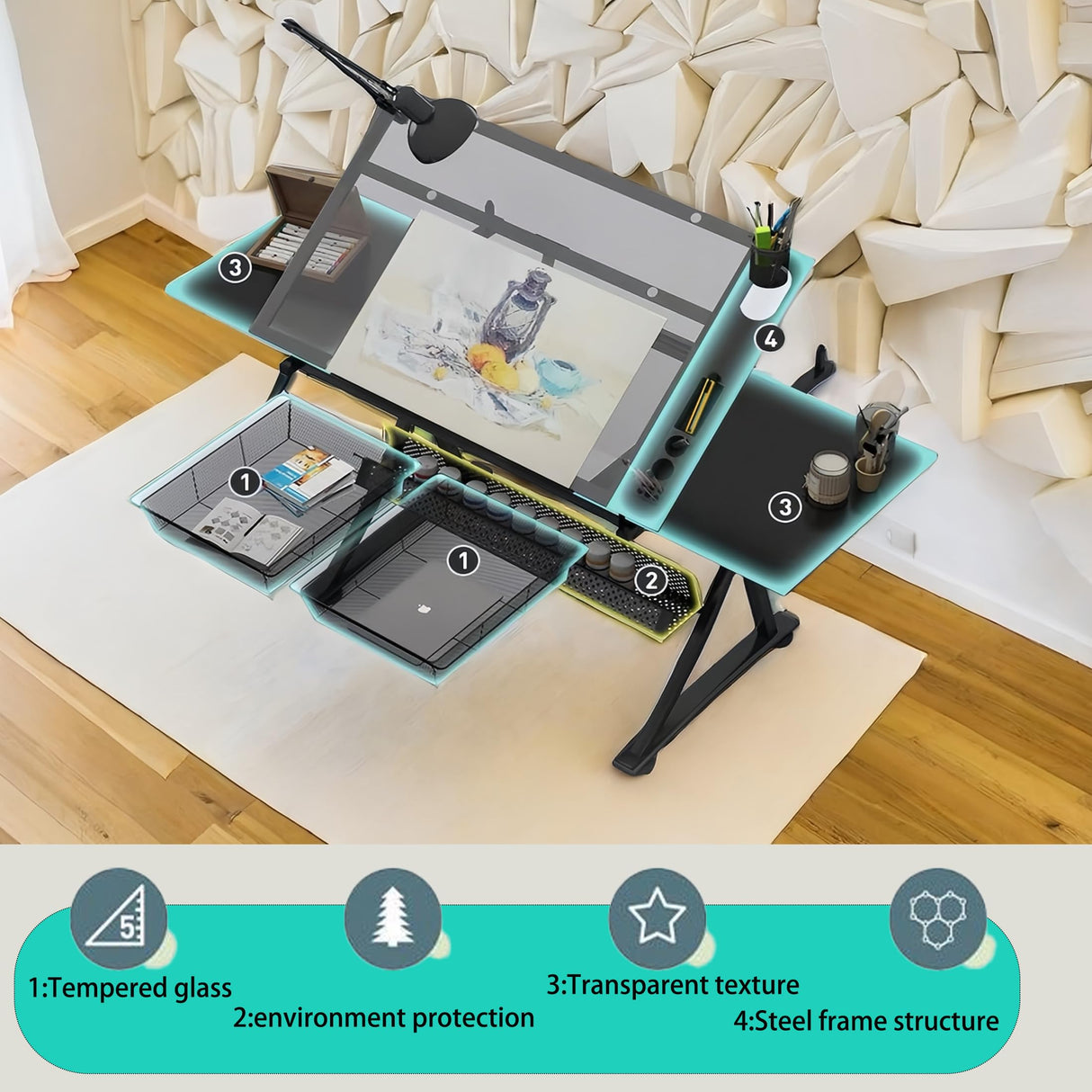 Donfafecuer Adjustable Drafting Table for Adults Professional Art Table 2 Storage Drawers Height Adjustable Home Office Reading Painting Tempered Glass Top Modern Black Design Doeqkue