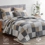 Finlonte Quilt Set Queen Size - 100% Cotton Queen Comforter Set, Plaid Quilted Bedspread Farmhouse Country Bed Spread, Lightweight Reversible Quilt Bedding Set All-Season, Gray/Brown/Black/White, 3Pcs Finlonte