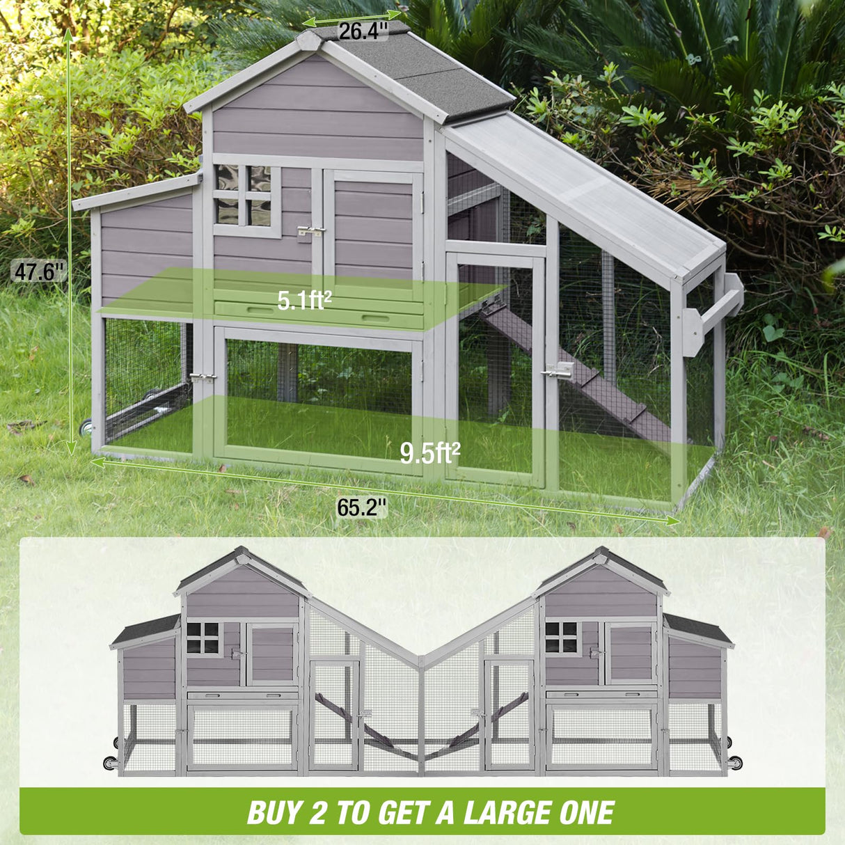 Chicken Coop Outdoor Wooden Hen House 65" with Large Nesting Box, Poultry Cage with Removable Tray,UV Proof Roof GUTINNEEN
