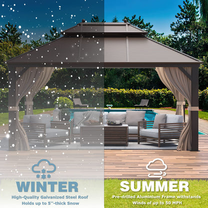 MELLCOM 10' x 13' Hardtop Gazebo, Galvanized Steel Metal Double Roof Aluminum Gazebo with Curtains and Netting, Brown Permanent Pavilion Gazebo with Aluminum Frame for Patio, Lawn & Garden - WoodArtSupply