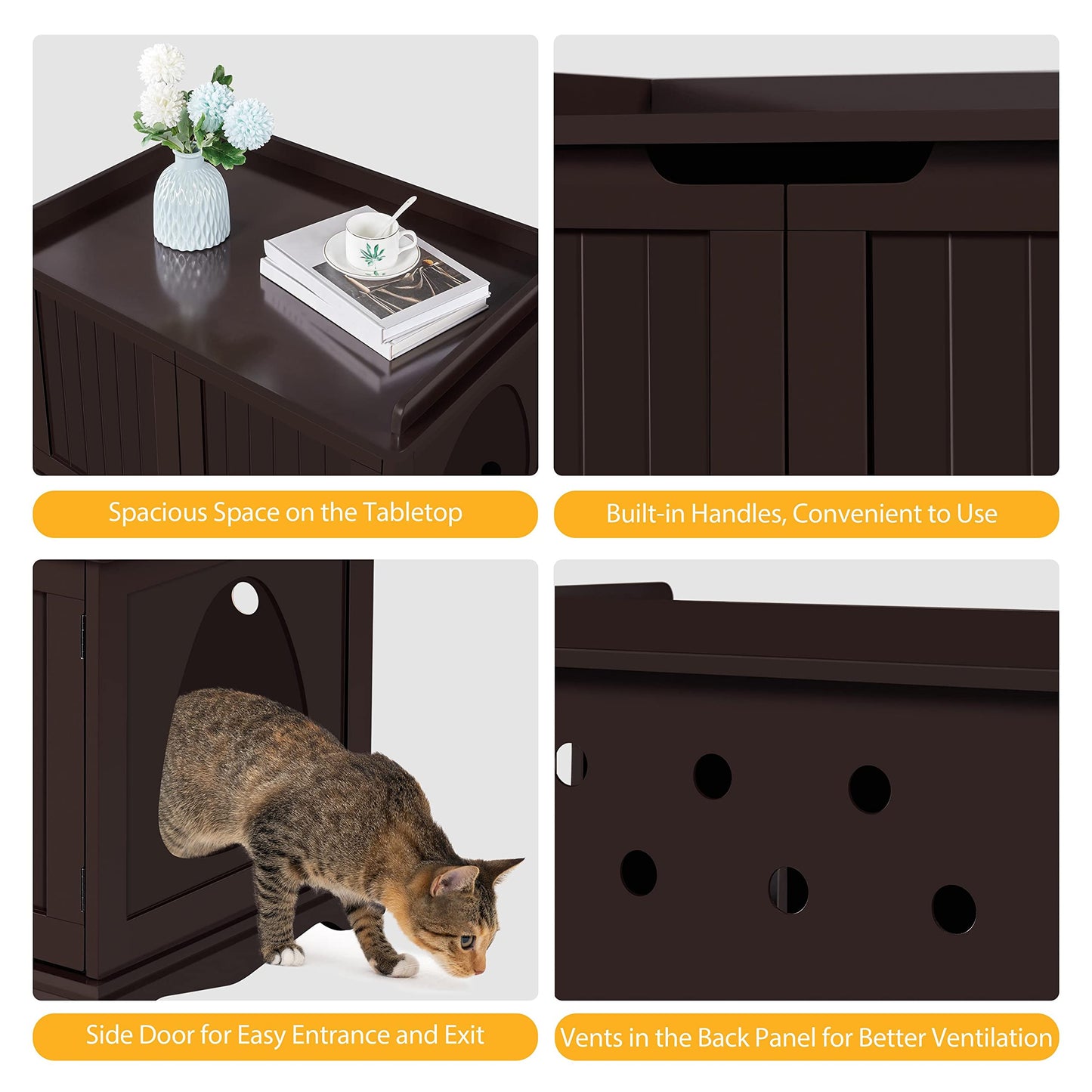 Yaheetech Cat Litter Box Enclosure, Hidden Cat Washroom Wooden Cat Litter Cabinet Indoor Cat Litter Box Furniture, Decorative Pet Side Table, Storage Bench for Large Cat Kitty, Espresso