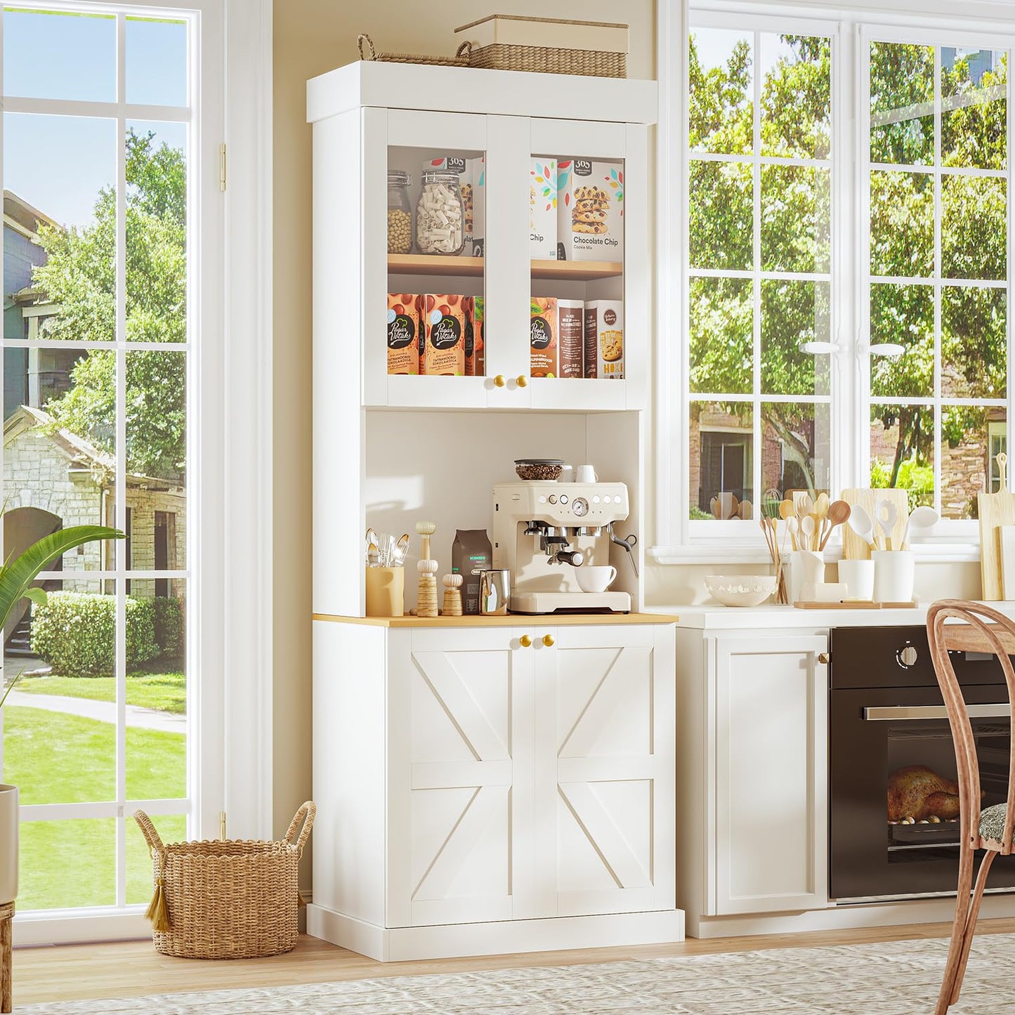 71" Tall Farmhouse Kitchen Pantry, Large Storage Cabinet with Glass Doors and Drawers, Freestanding Coffee Bar Hutch with Microwave Stand, Adjustable Shelves for Kitchen, Living Room, White 3 Pcs