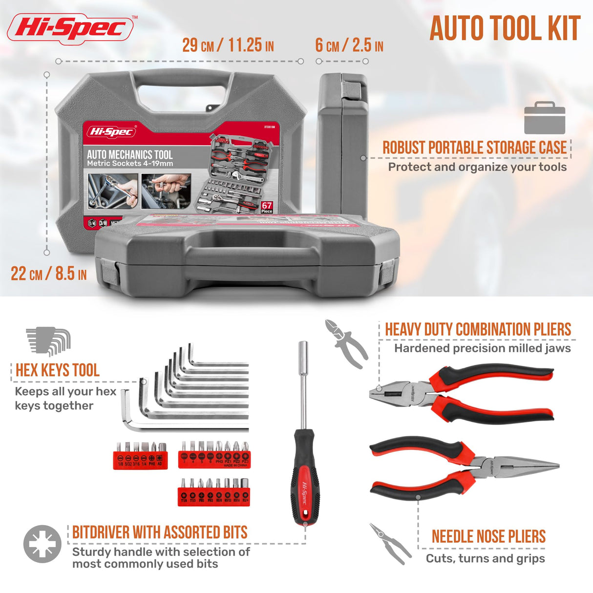 Hi-Spec Tools 67Pc Metric Auto Mechanic Tool Set, Motorcycle & Car Tool Kit, Auto Repair Tool Set with Pliers, Screwdriver Set, Socket Kit & Tool Box Storage Case for Cars, Trucks, Boats RVs & Jeeps Hi-Spec