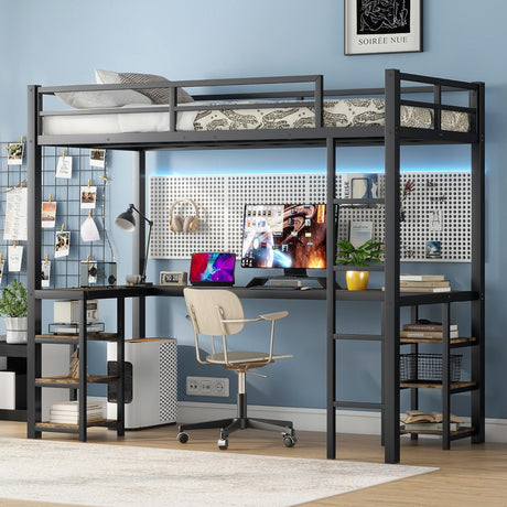 KEIKI Twin XL Metal Loft Bed with Desk & Six Storage Shelves,Sturdy Metal Bed Frame with Ladder & Safety Guardrails,No Box Spring Needed, Perfect for Dorm, Bedroom, Guest Room, Black KEIKI