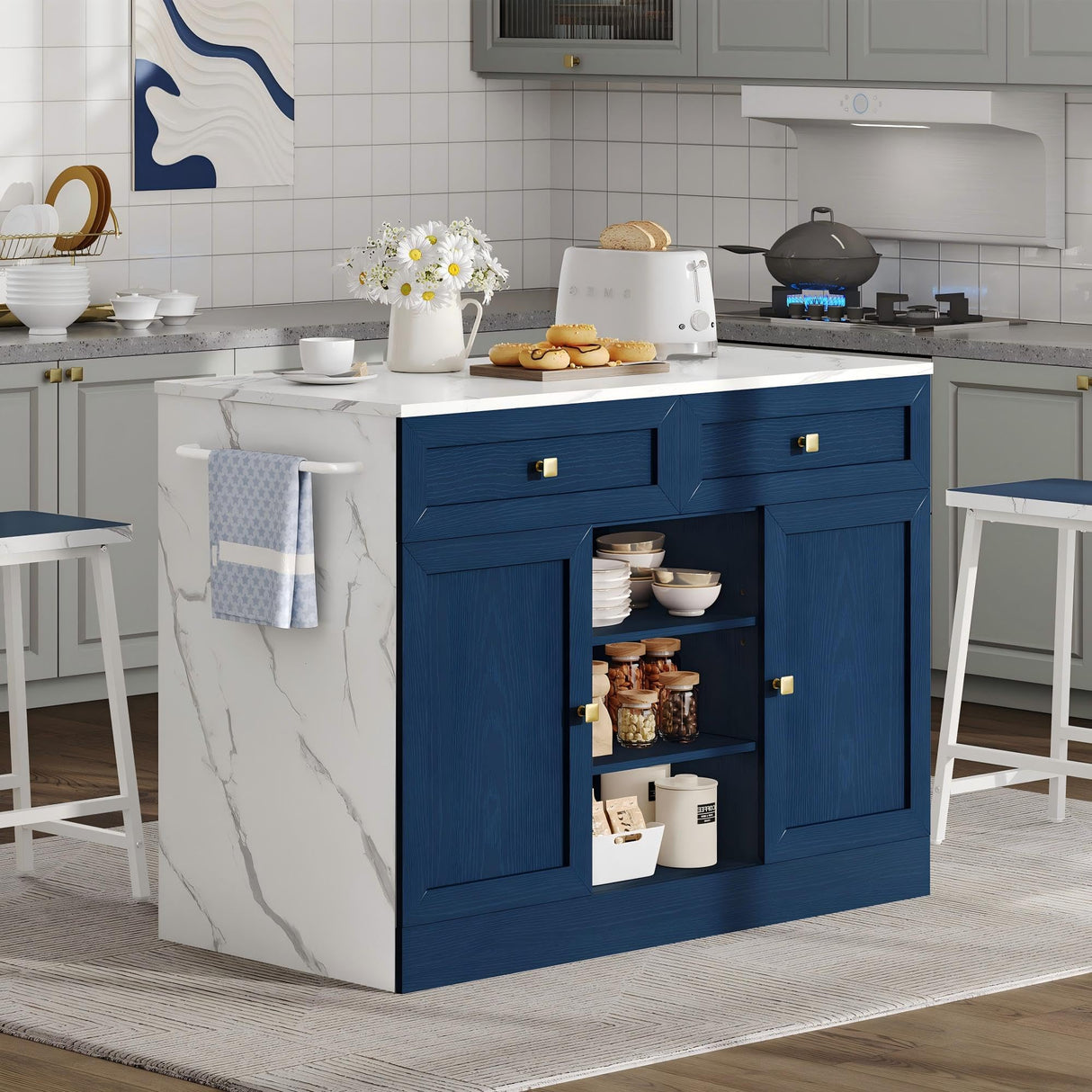 YITAHOME 3 Piece Kitchen Island Set with 2 Chairs, Large Kitchen Island with Seating and Storage, Dining Counter Table with Power Outlet, Drawers, Spice/Towel Rack, White Marble Finish, Navy Blue YITAHOME