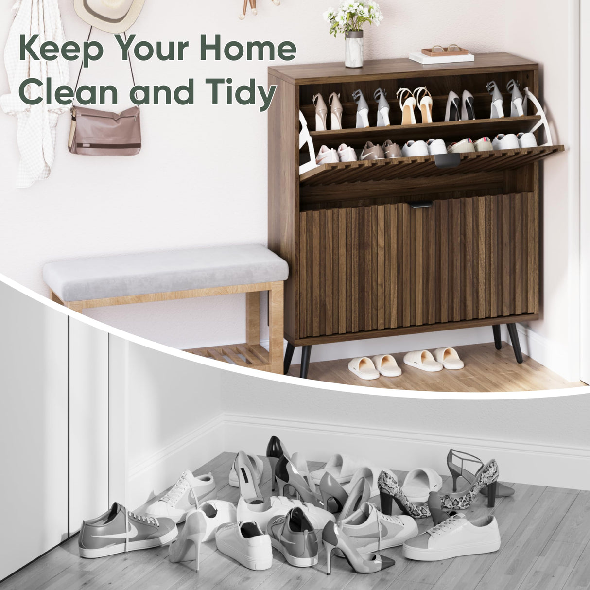 Smuxee Shoe Cabinet with 2 Flip Drawers, 31.5" Walnut Hidden Shoe Storage Cabinet with Fluted Design, Freestanding Shoe Organizer Cabinet for Entryway, Hallway, Closet, Living Room Smuxee