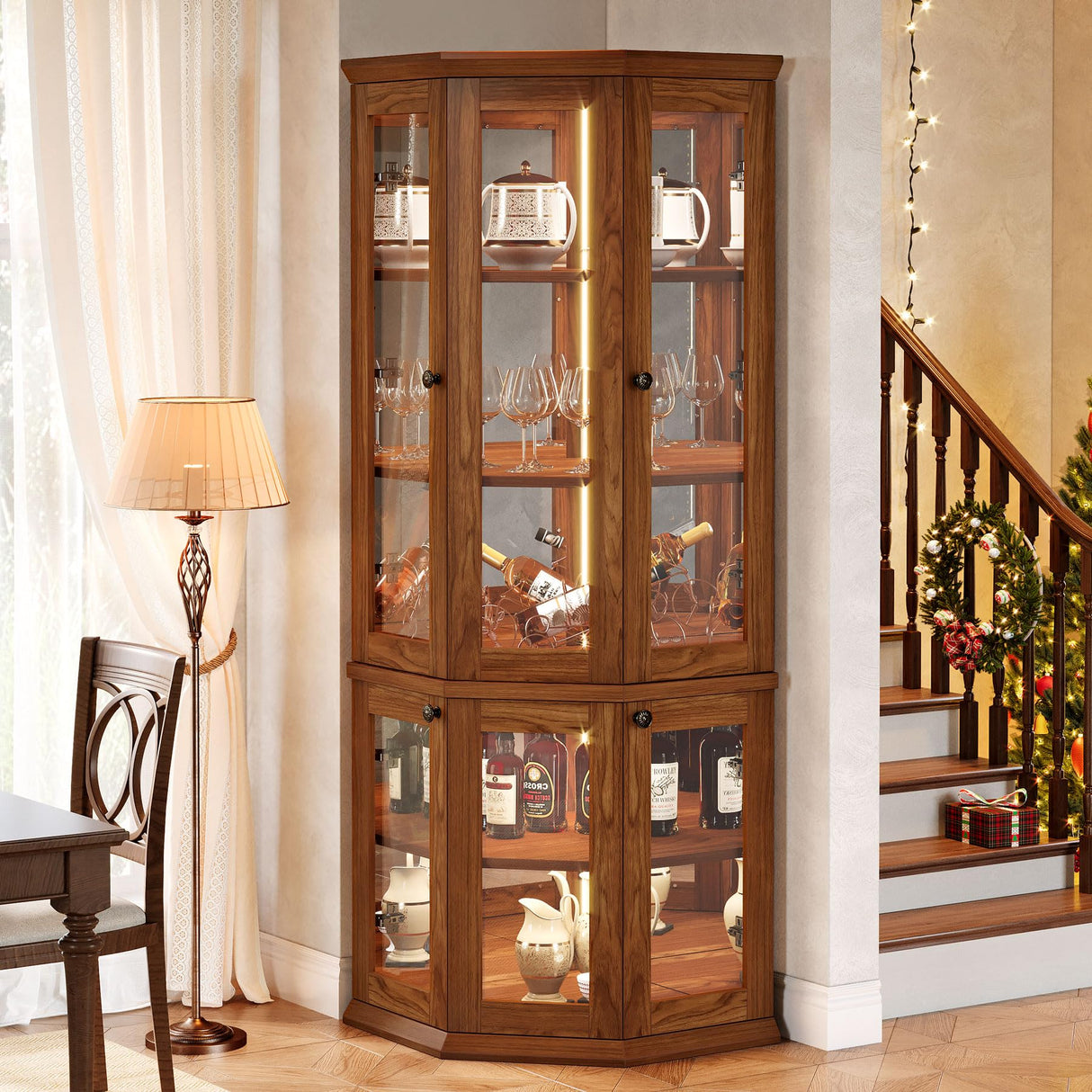 Tribesigns Corner Storage Cabinet, 71" Tall Corner Cabinet with Doors & LED Lights, 5-Tier Mid-Century Display Shelf for Living Room, Kitchen, Walnut Tribesigns