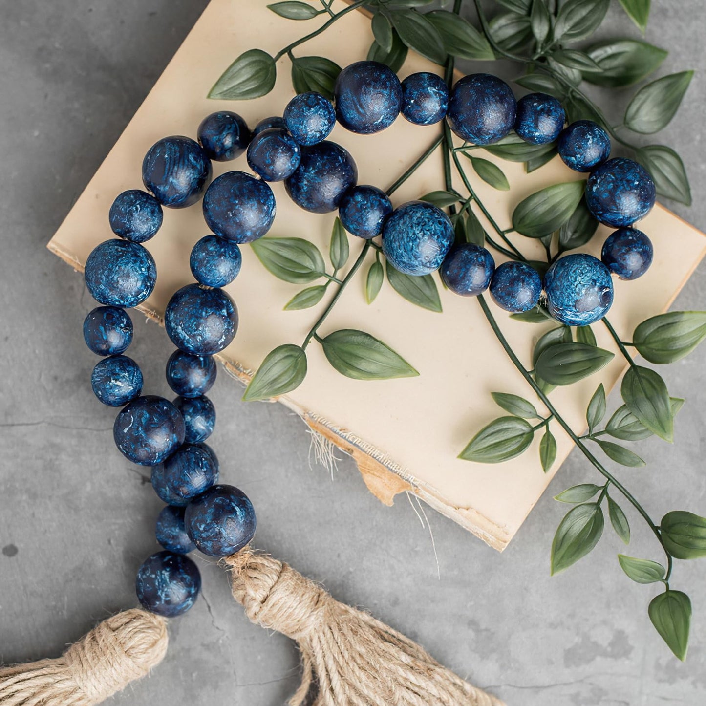 Handcrafted Farmhouse Wooden Decorative Beads Garland, Table Tray Boho Wood Beads with Tassel, Small Rustic Antique Decor for Home and Events (32" Rustic Blue)