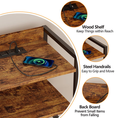 Furnulem 4 Drawer Dresser for Bedroom, Tall Nightstand with Led Light and Charging Station, Small Night Stand Bedside Table, Fabric Bins, Metal Frame, Wood Shelf, Side Furniture(Rustic Brown) Furnulem