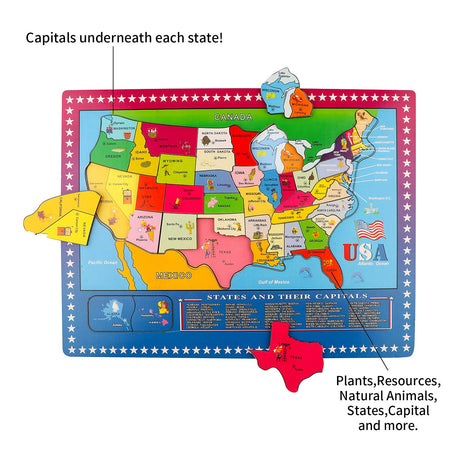 Wondertoys 46 Pieces Wooden USA Map Puzzle for Kids US Map Puzzle Educational Geography Puzzles United States Map Puzzle for Boy Girl Wondertoys