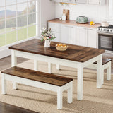 Tribesigns 3 Pieces Dining Table Set with 2 Benches, 55-Inch Wood Kitchen Table Set for 4-6, Farmhouse Space-Saving Dinette for Kitchen, Dining Room (Brown&White) Tribesigns