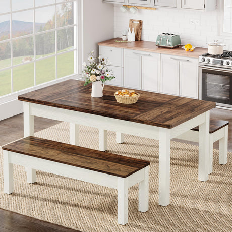 Tribesigns 3 Pieces Dining Table Set with 2 Benches, 55-Inch Wood Kitchen Table Set for 4-6, Farmhouse Space-Saving Dinette for Kitchen, Dining Room (Brown&White) Tribesigns