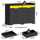 OTUTUMUS 6 Drawer Dresser for Bedroom with Charging Station & LED Light, 47.2" Black 6 Drawer Dresser with 2 Pull-Out Tray, Wood Dresser Organizer for Living Room/Closet/Hallway OTUTUMUS