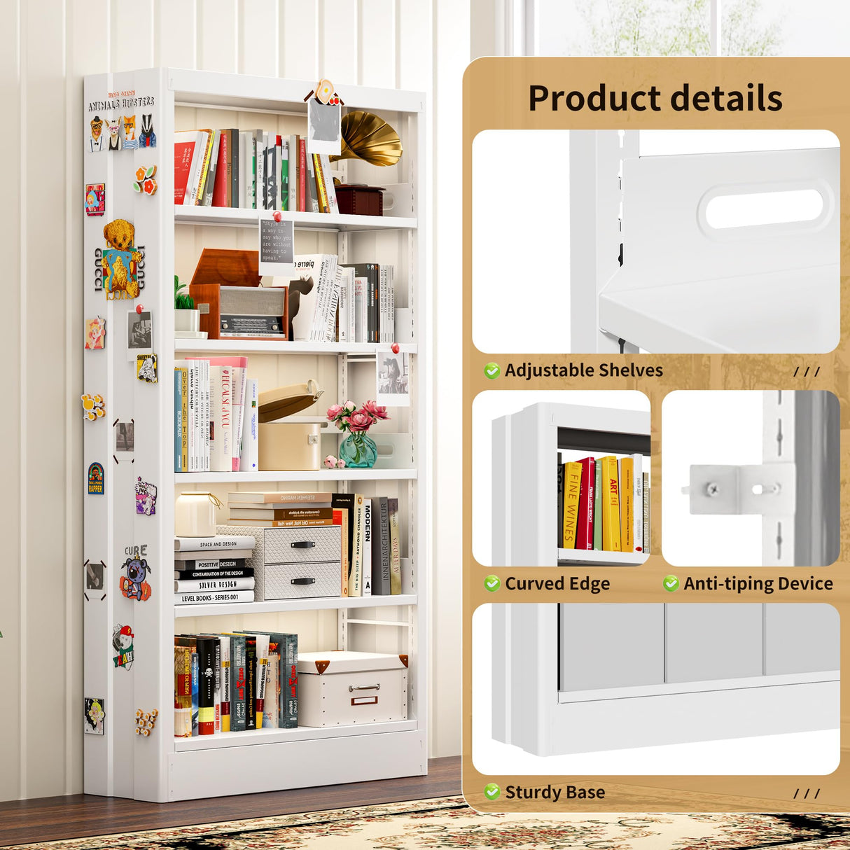 POKOKE 70.9" H Metal Bookshelf, Adjustable Bookcase, 5-Tier Heavy Duty Bookshelf with Bookend, Tall Bookshelves, Bookcase Shelf for Living Room, Office, Library,Classroom (White-37.4W) POKOKE