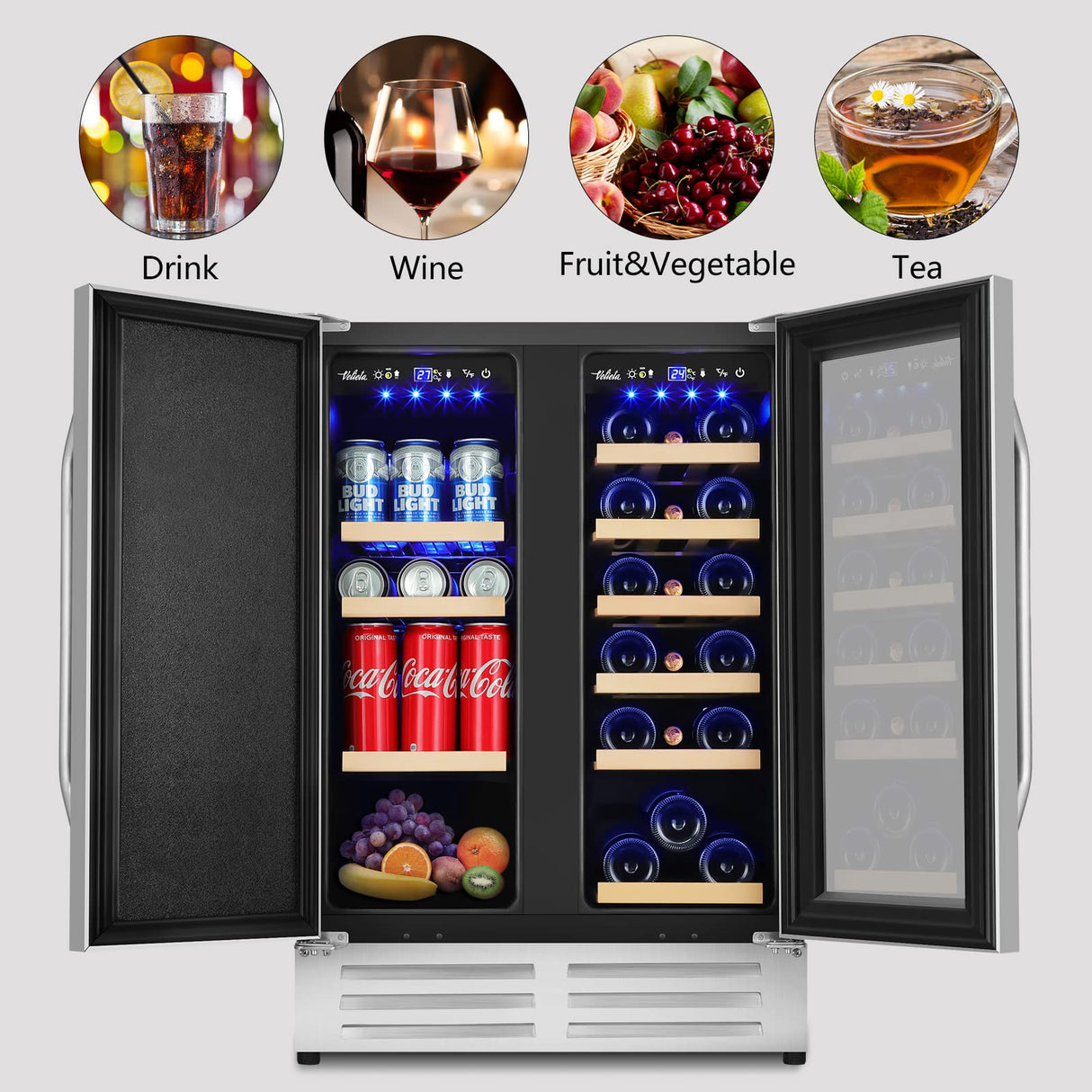 Velieta Outdoor Wine and Beverage Refrigerator,24 Inch Dual Zone Wine Beverage Cooler, Built-in/Freestanding Beer and Wine Fridge with a Powerful Compressor, 20 Bottles and 88 Cans Capacity Velieta